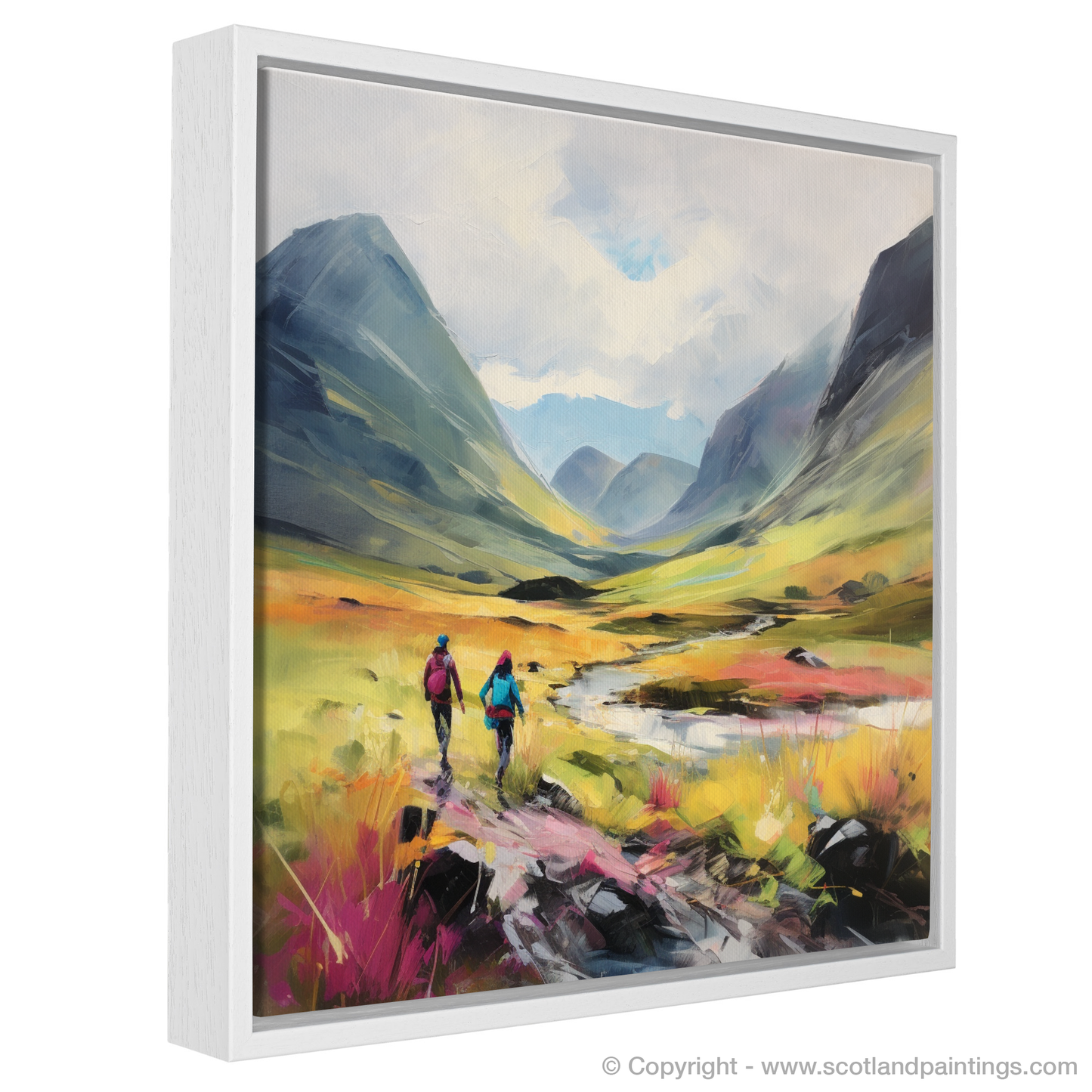 Painting and Art Print of Walkers in Glencoe during summer entitled "Summer Stride in Glencoe Highlands".