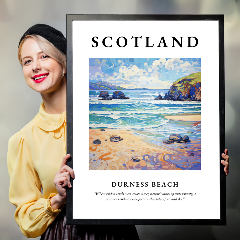 Person holding a poster of Durness Beach