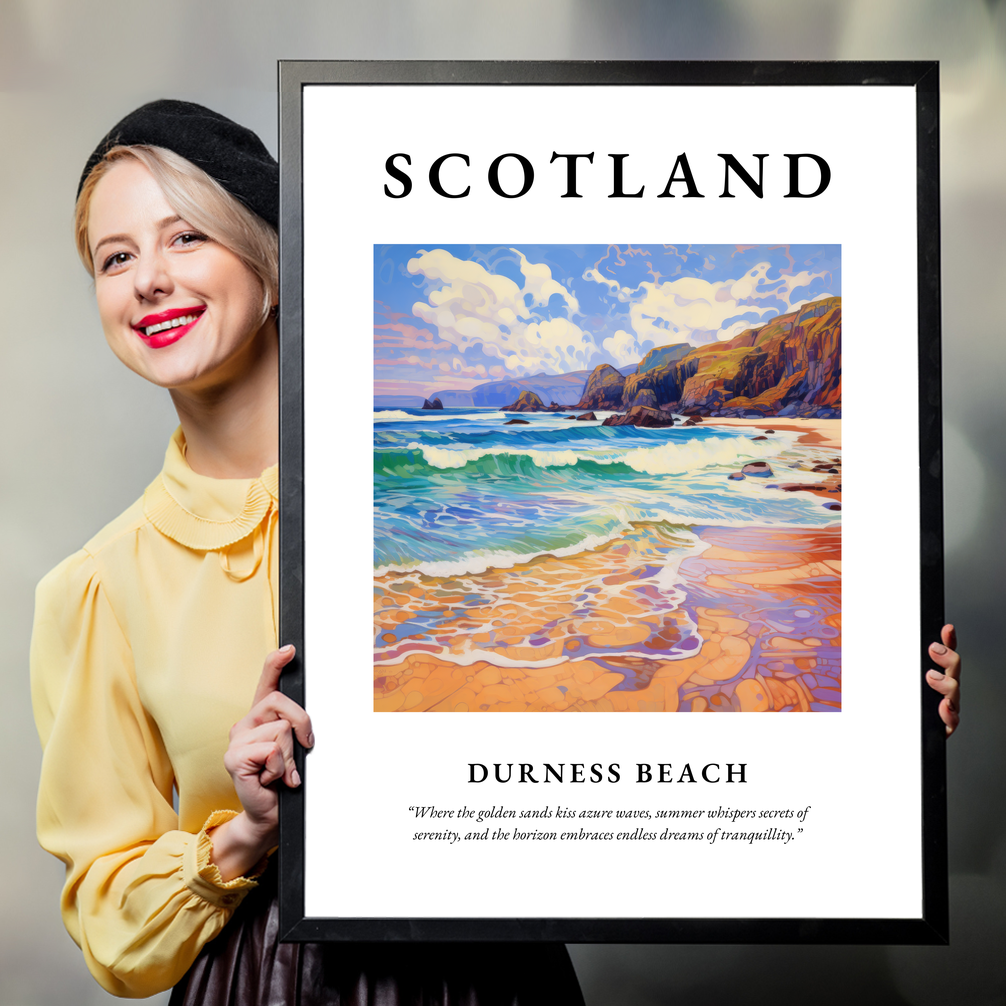 Person holding a poster of Durness Beach