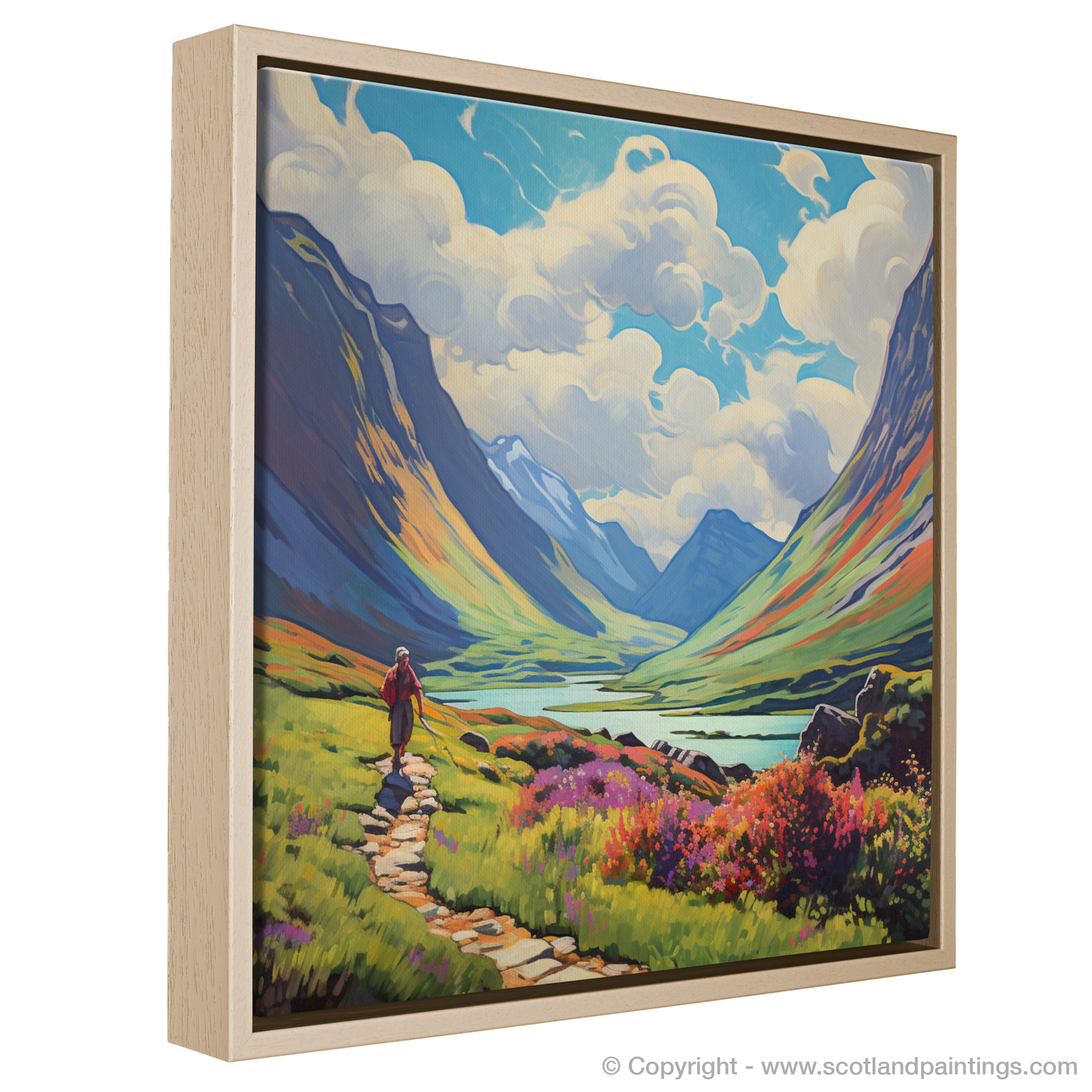 Painting and Art Print of Lone hiker in Glencoe during summer entitled "Summer Solitude in Glencoe: A Hiker's Impressionist Journey".