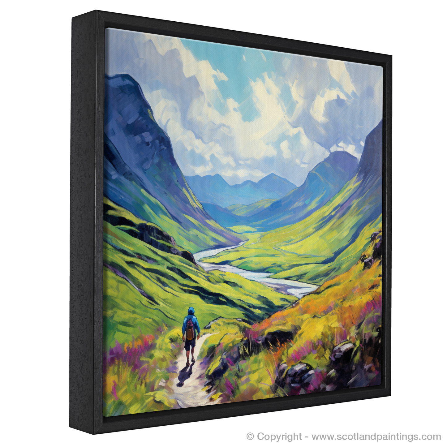 Painting and Art Print of Lone hiker in Glencoe during summer entitled "Summer Solitude in Glencoe Highlands".