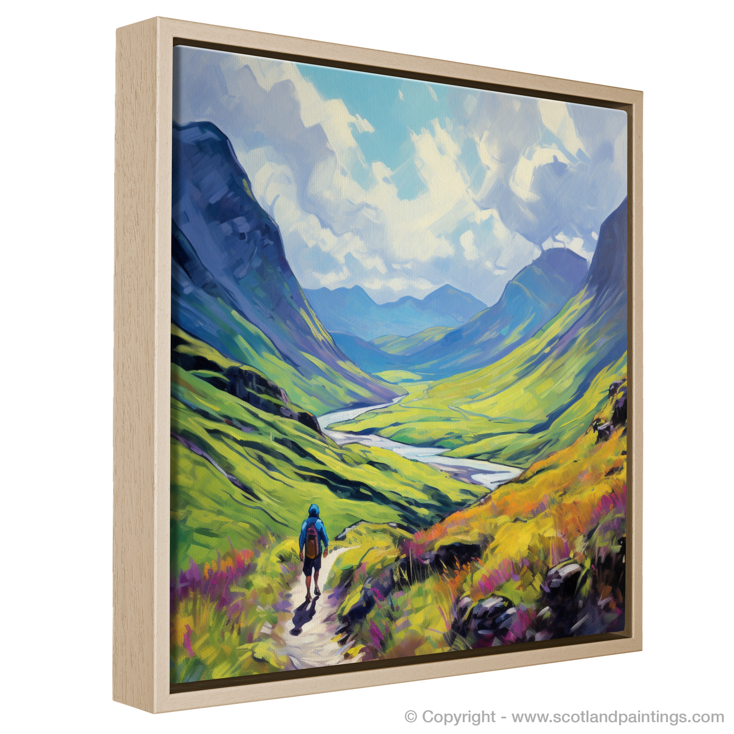 Painting and Art Print of Lone hiker in Glencoe during summer entitled "Summer Solitude in Glencoe Highlands".