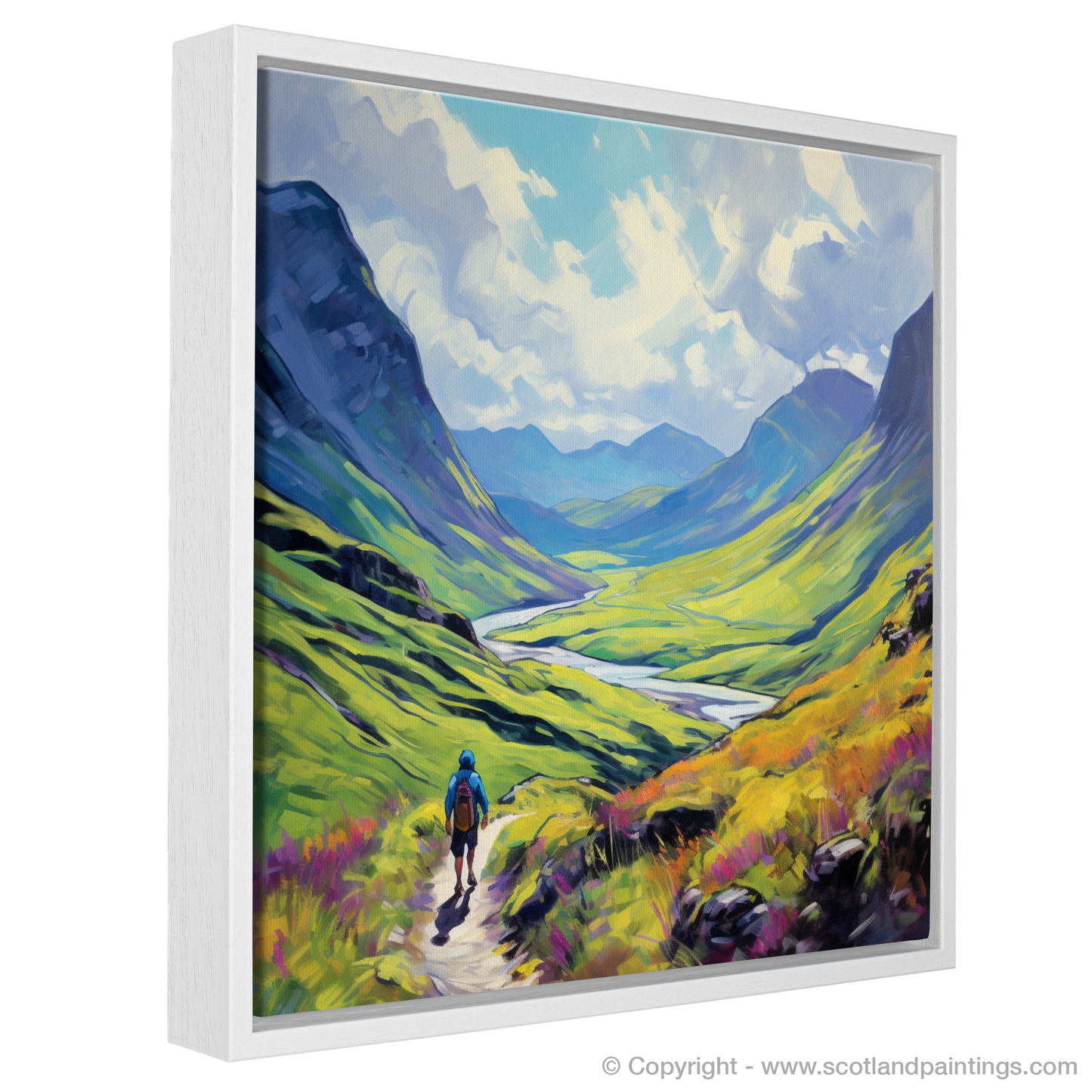 Painting and Art Print of Lone hiker in Glencoe during summer entitled "Summer Solitude in Glencoe Highlands".