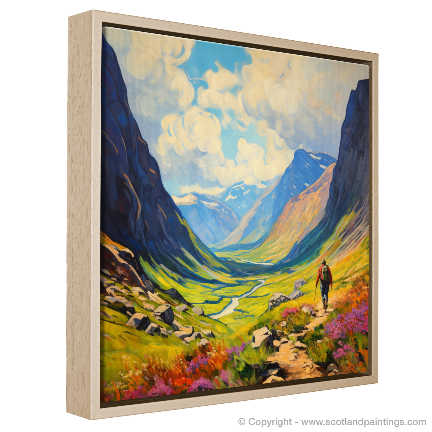 Painting and Art Print of Lone hiker in Glencoe during summer. Highland Wanderer: Solitude in the Scottish Summer.