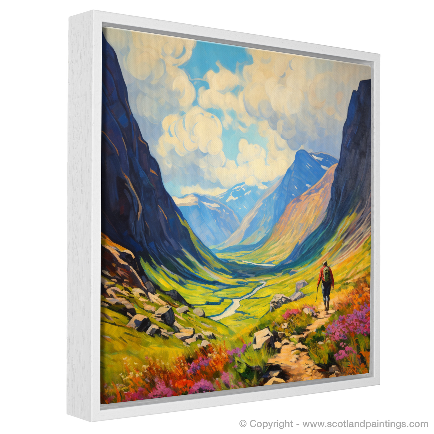 Painting and Art Print of Lone hiker in Glencoe during summer. Highland Wanderer: Solitude in the Scottish Summer.