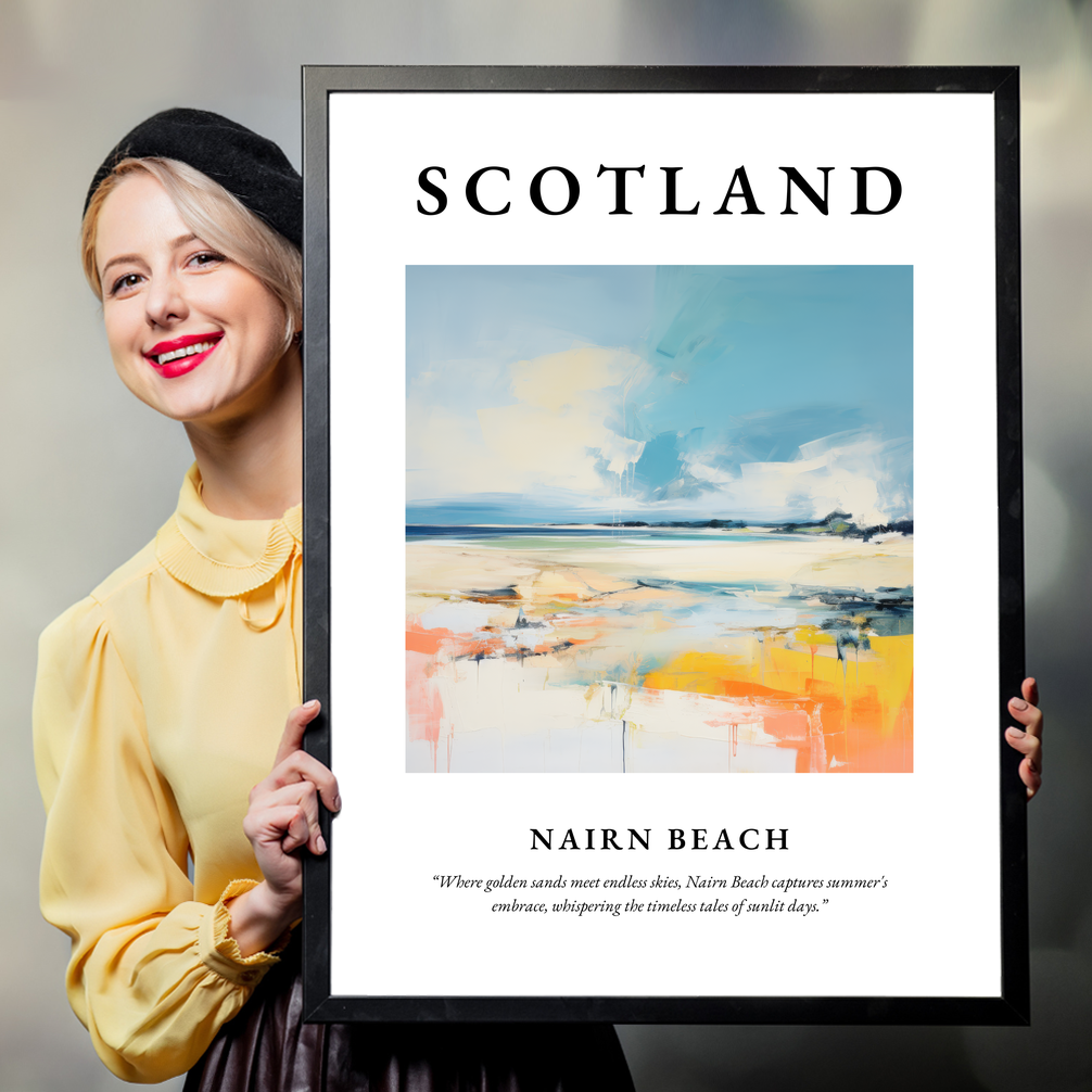 Person holding a poster of Nairn Beach