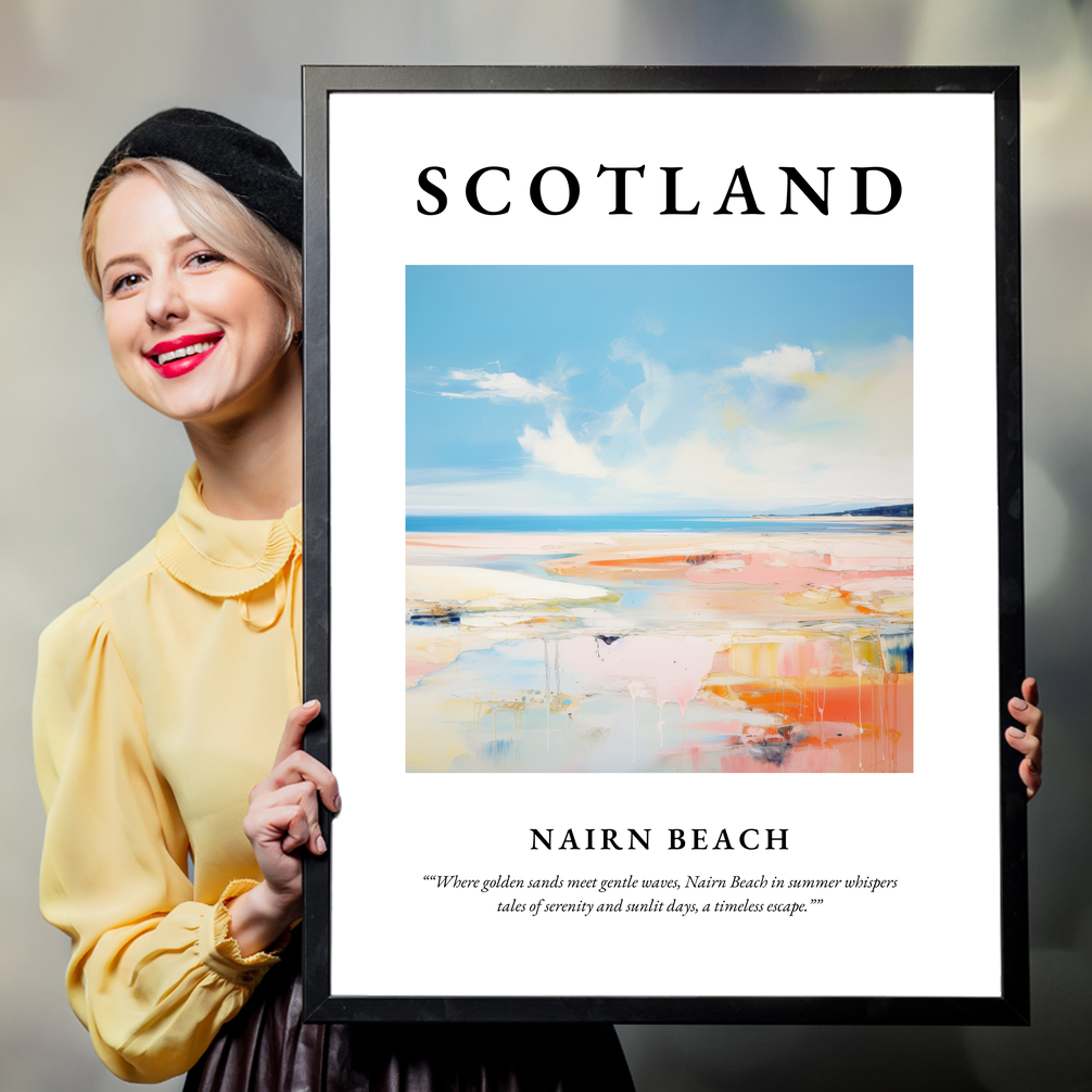 Person holding a poster of Nairn Beach