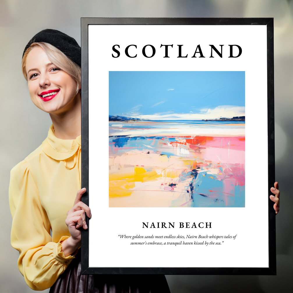 Person holding a poster of Nairn Beach