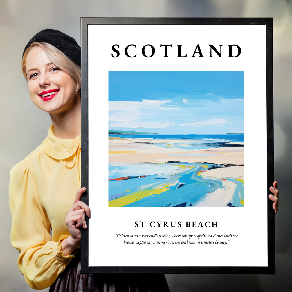 Person holding a poster of St Cyrus Beach