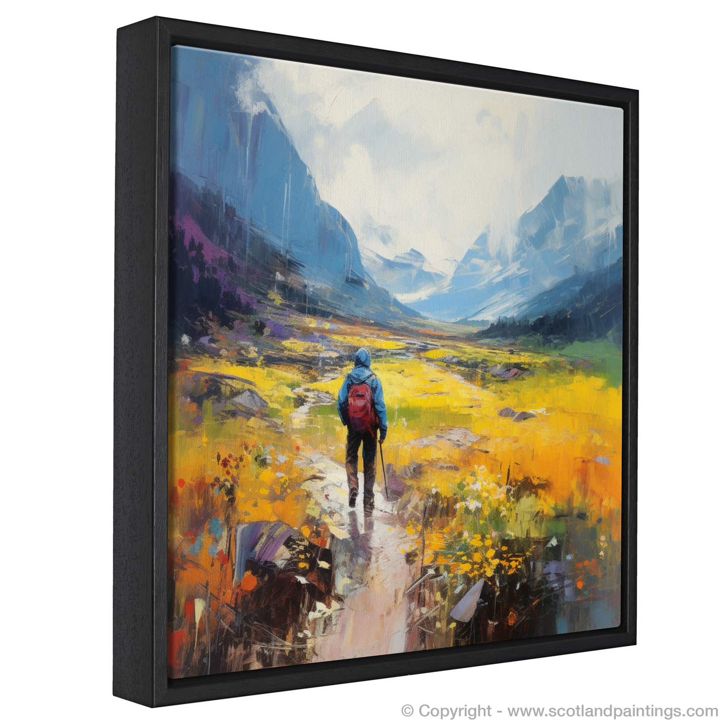 Painting and Art Print of Lone hiker in Glencoe during summer entitled "Solitary Hiker in the Summer Glens of Scotland".
