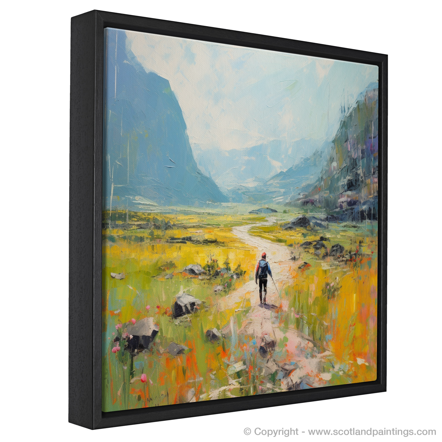 Painting and Art Print of Lone hiker in Glencoe during summer entitled "Highland Wanderer: A Summer Odyssey in Glencoe".