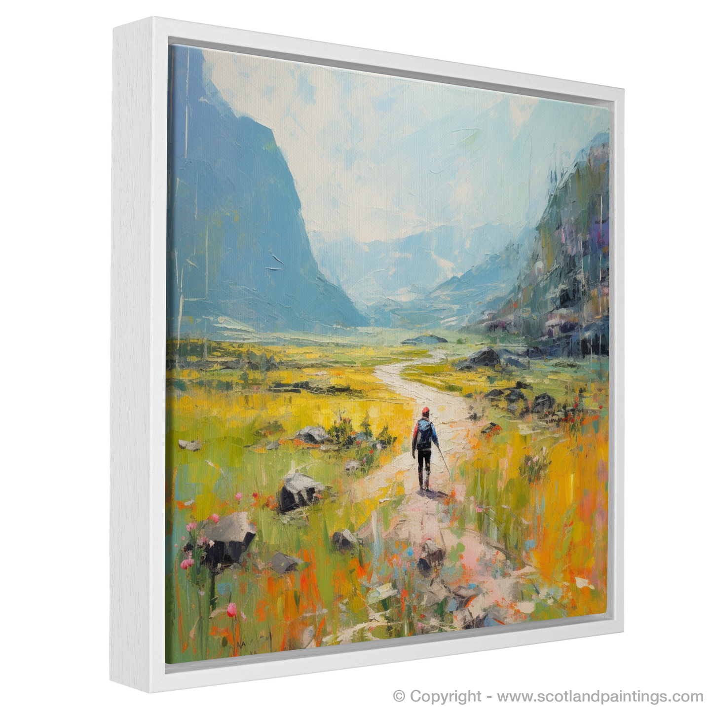 Painting and Art Print of Lone hiker in Glencoe during summer entitled "Highland Wanderer: A Summer Odyssey in Glencoe".