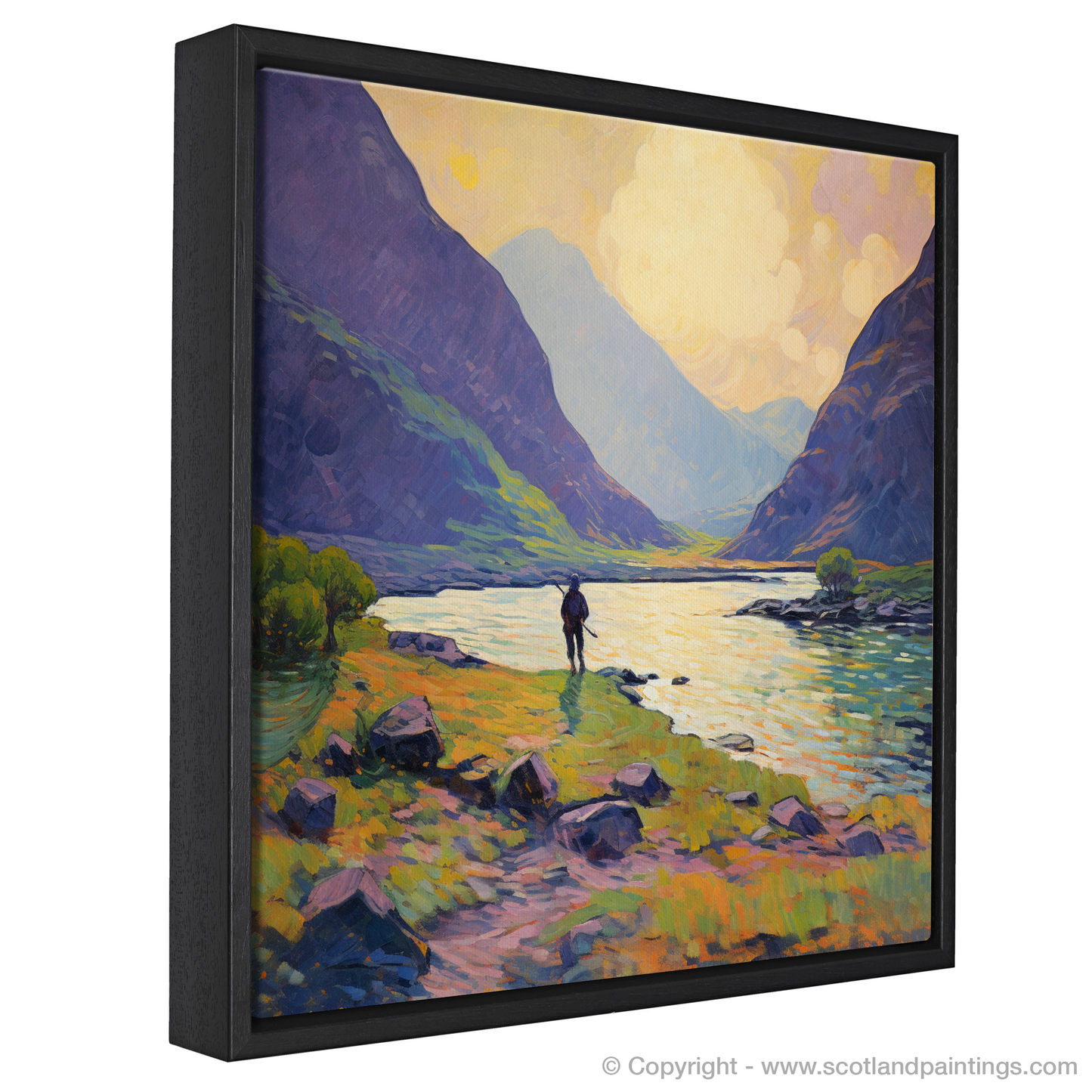 Painting and Art Print of Lone hiker in Glencoe during summer entitled "Summer Solitude: A Lone Hiker in Glencoe".