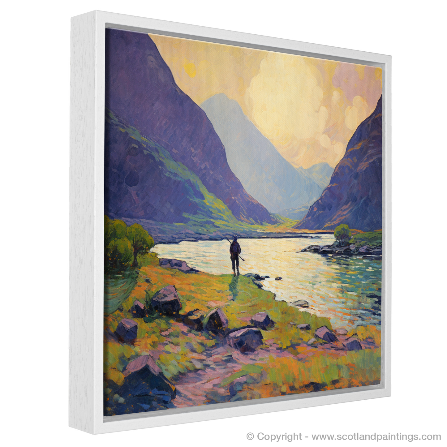 Painting and Art Print of Lone hiker in Glencoe during summer entitled "Summer Solitude: A Lone Hiker in Glencoe".