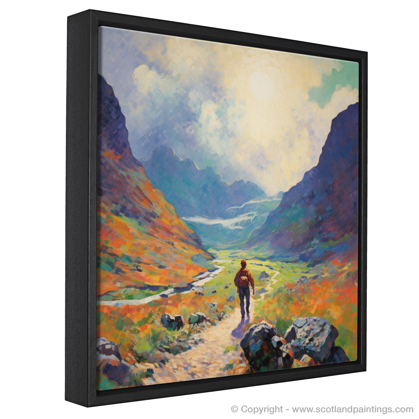 Painting and Art Print of Lone hiker in Glencoe during summer entitled "Summer Solitude in Glencoe Highlands".