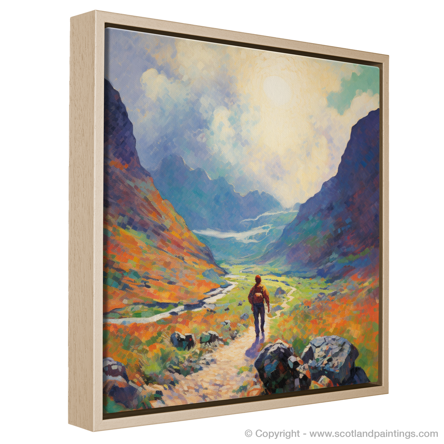 Painting and Art Print of Lone hiker in Glencoe during summer entitled "Summer Solitude in Glencoe Highlands".