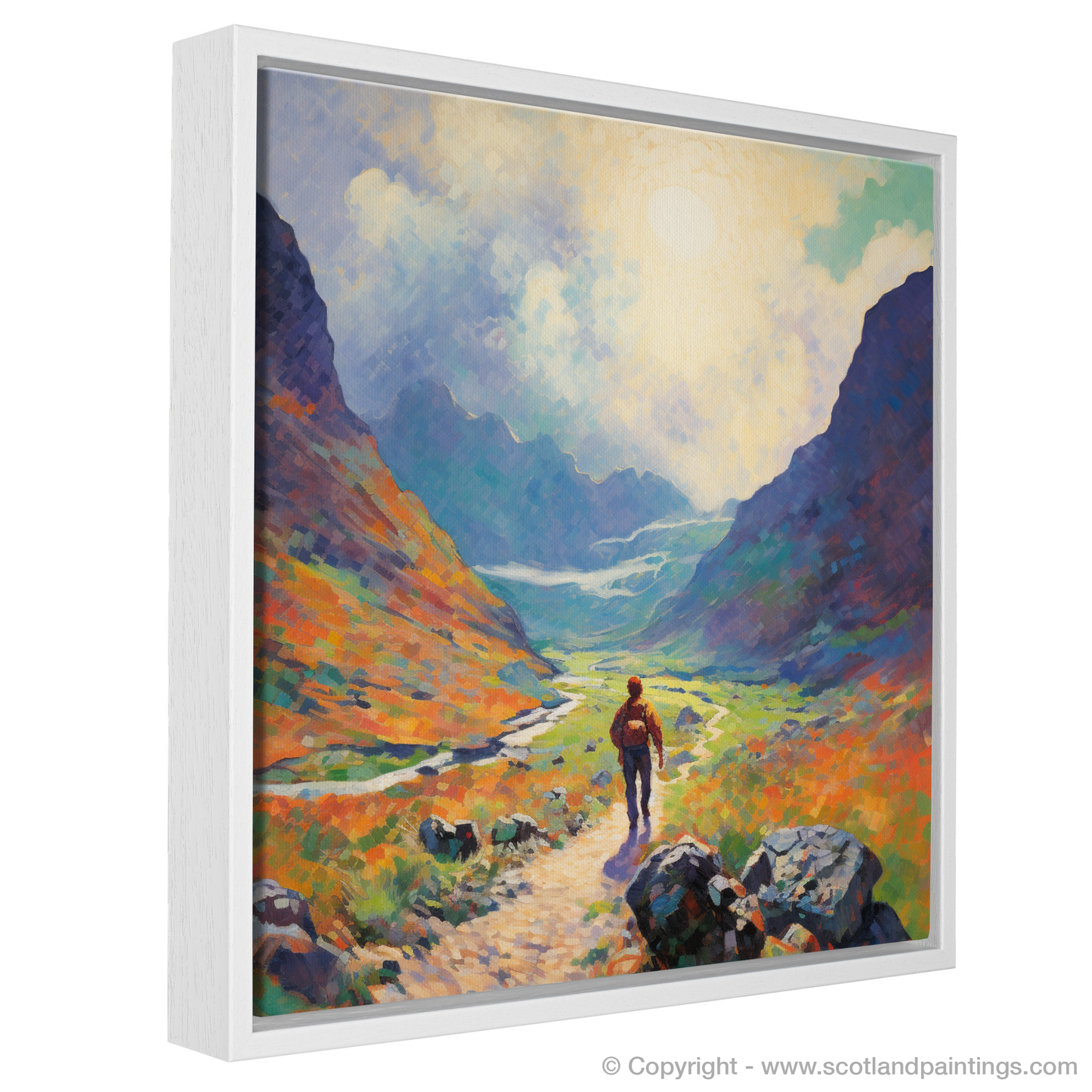 Painting and Art Print of Lone hiker in Glencoe during summer entitled "Summer Solitude in Glencoe Highlands".