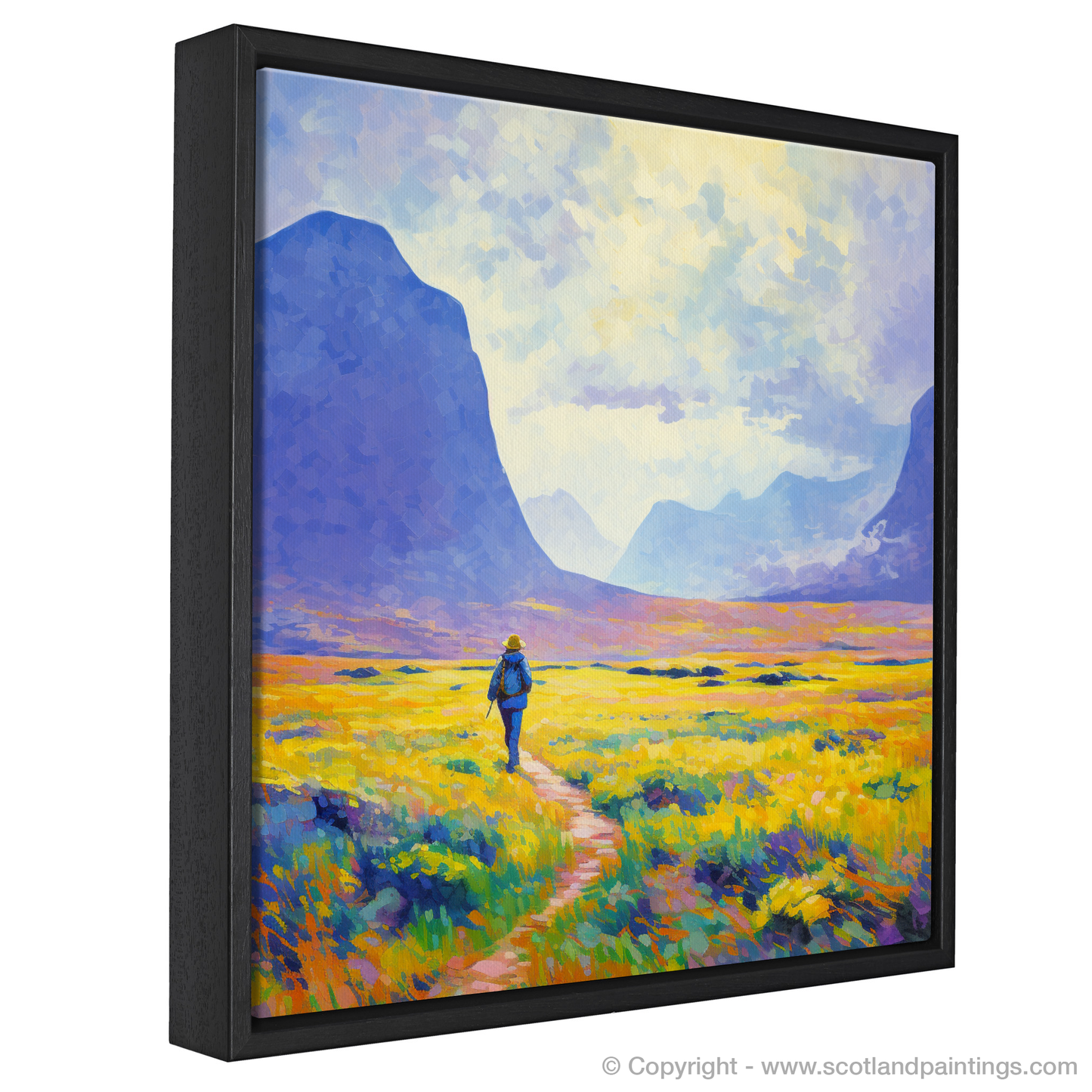 Painting and Art Print of Lone hiker in Glencoe during summer entitled "Highland Solitude: A Summer's Day in Glencoe".