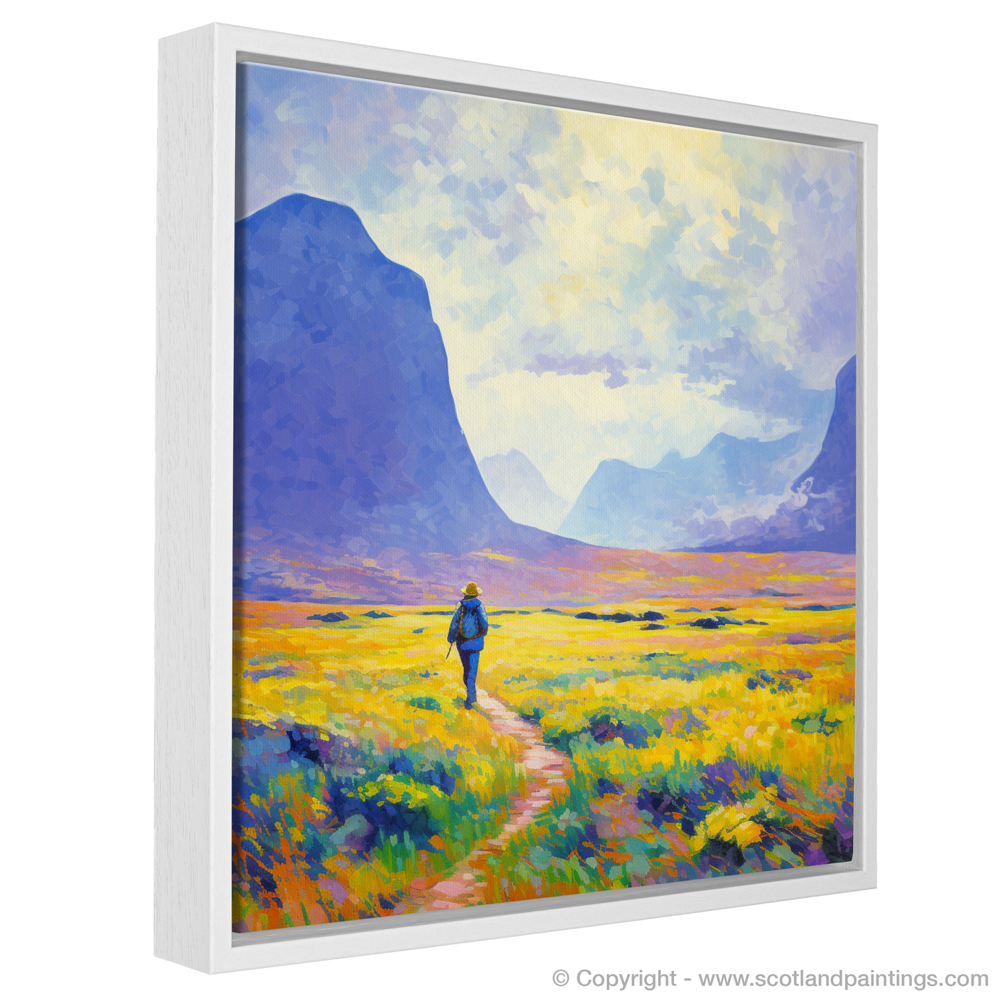 Painting and Art Print of Lone hiker in Glencoe during summer entitled "Highland Solitude: A Summer's Day in Glencoe".