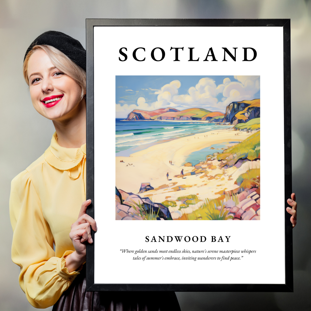 Person holding a poster of Sandwood Bay