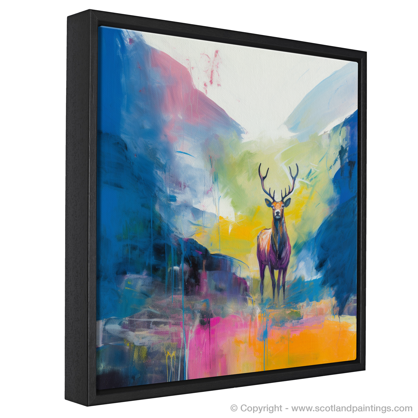 Painting and Art Print of A stag in Glencoe during summer entitled "Majestic Stag of Glencoe: A Scottish Summer Abstract".