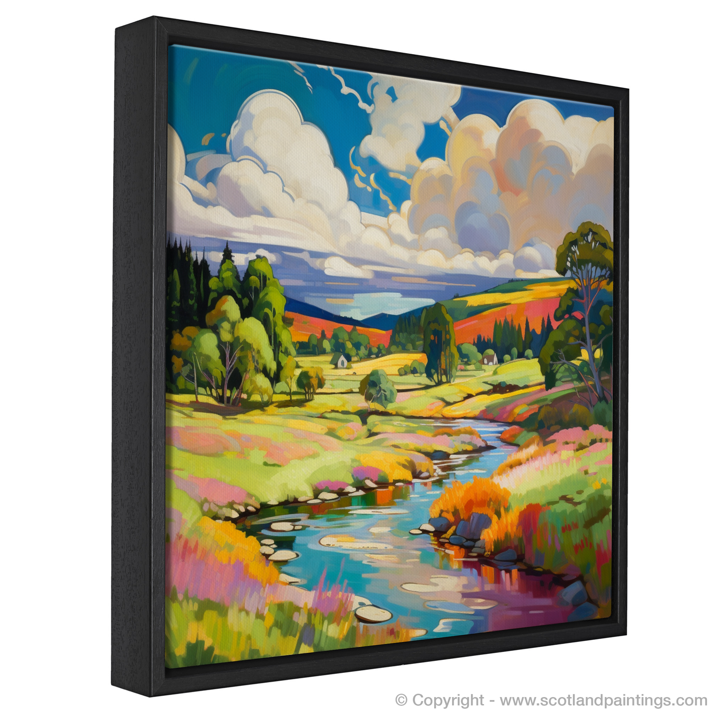 Painting and Art Print of Glen Tanar, Aberdeenshire in summer entitled "Aberdeenshire's Summer Symphony in Fauvist Hues".