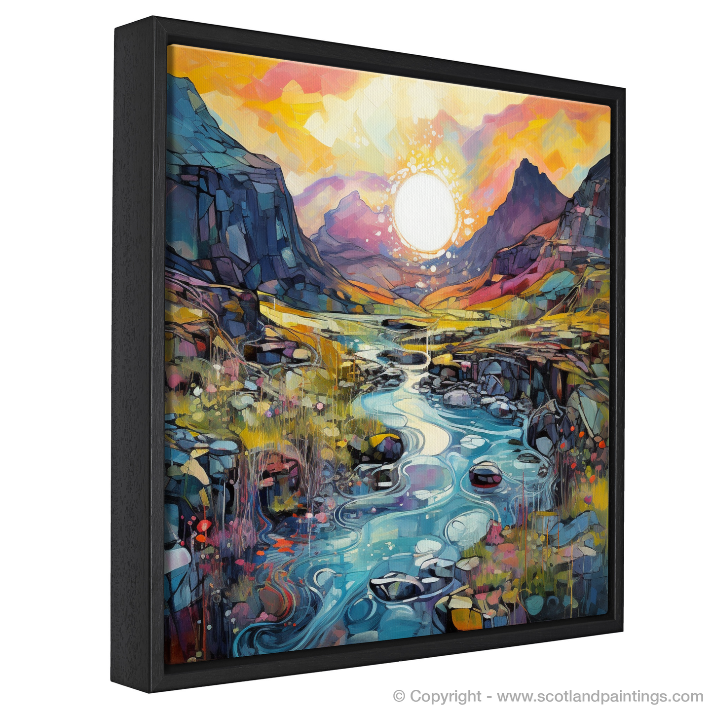 Painting and Art Print of Isle of Skye Fairy Pools at golden hour in summer entitled "Golden Hour Serenity at the Isle of Skye Fairy Pools".