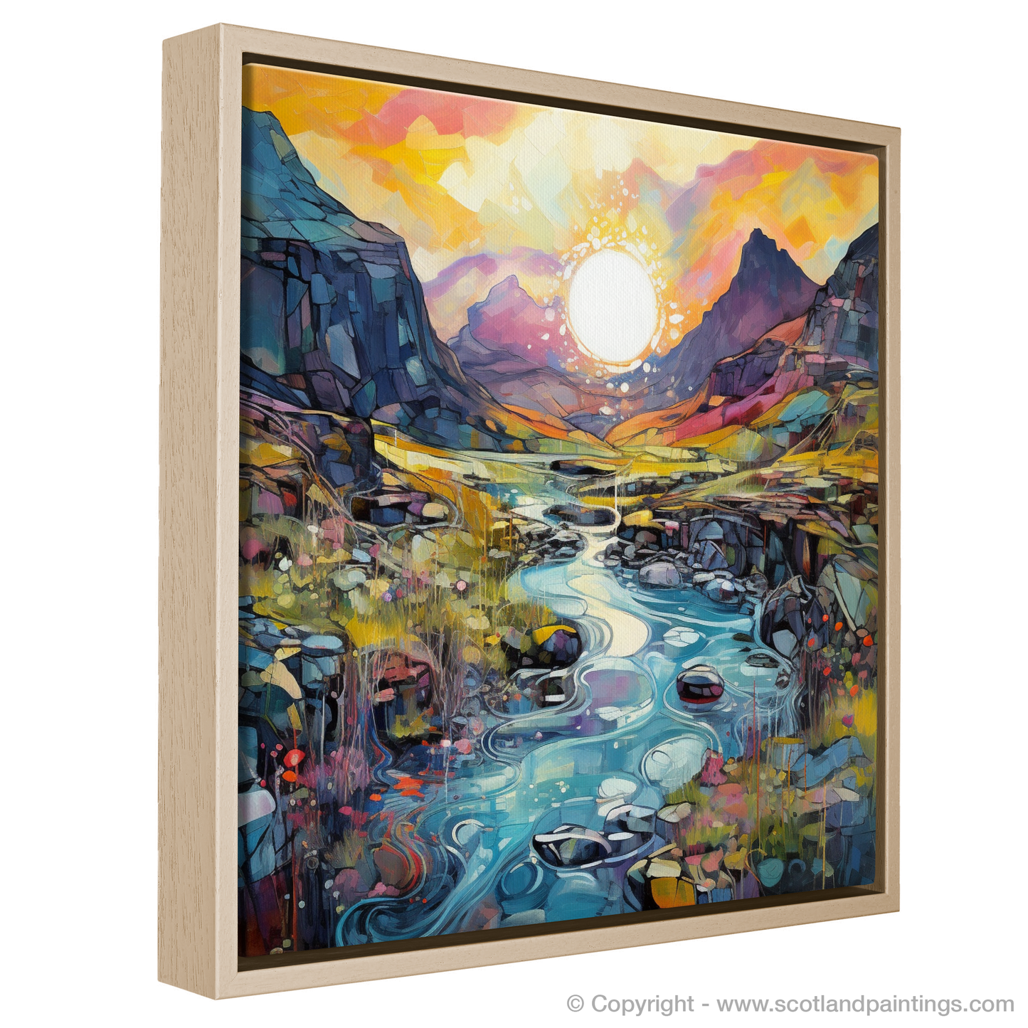 Painting and Art Print of Isle of Skye Fairy Pools at golden hour in summer entitled "Golden Hour Serenity at the Isle of Skye Fairy Pools".