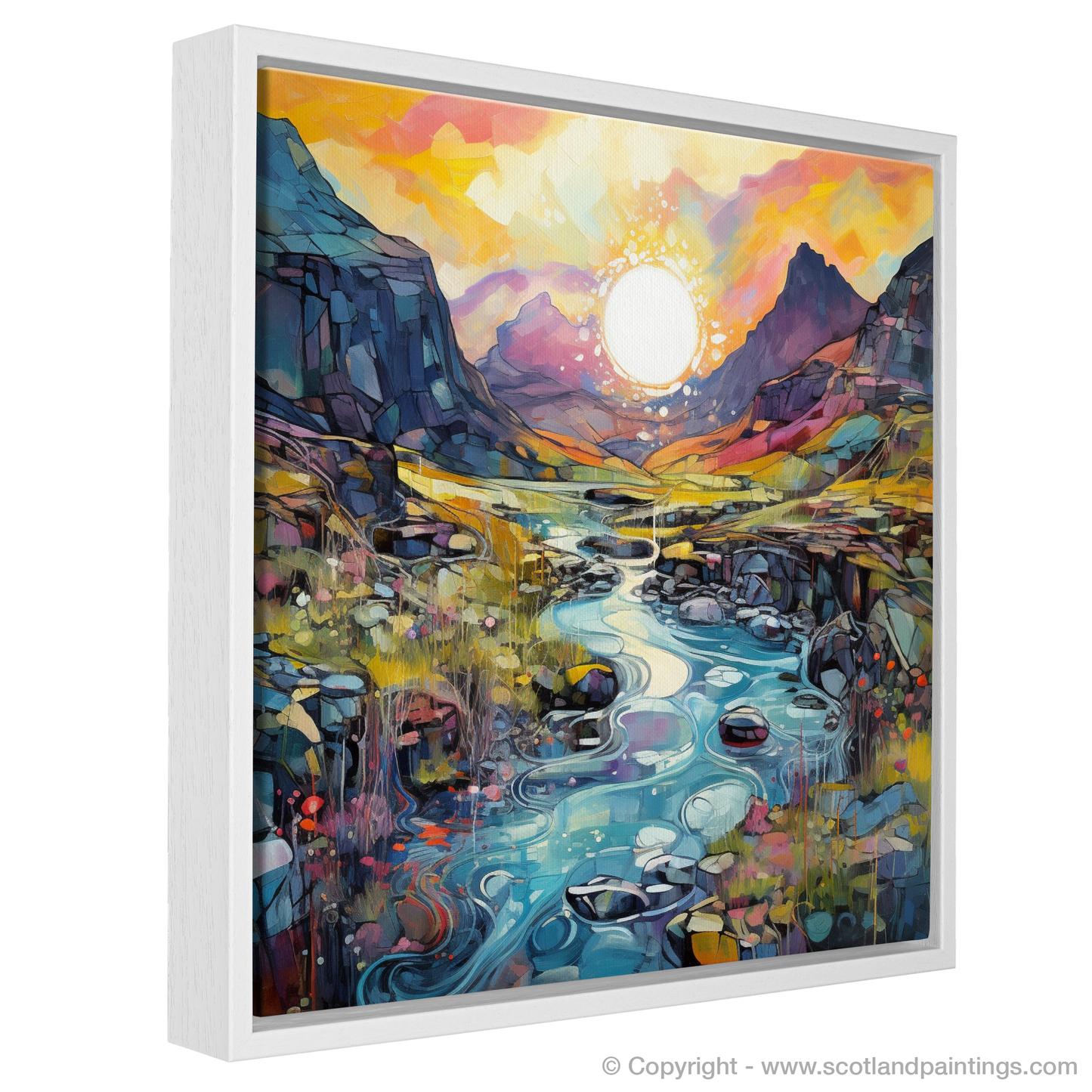 Painting and Art Print of Isle of Skye Fairy Pools at golden hour in summer entitled "Golden Hour Serenity at the Isle of Skye Fairy Pools".