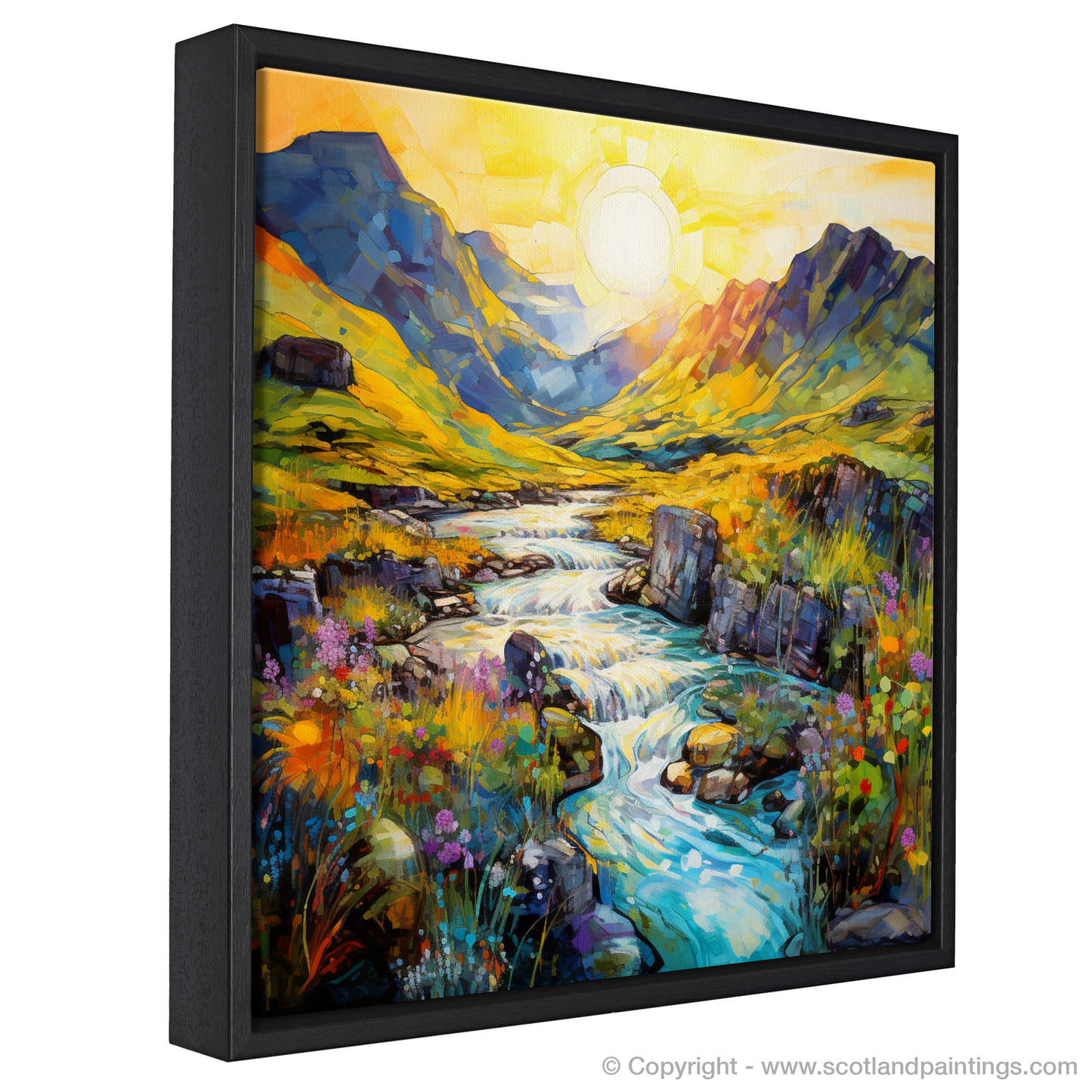 Painting and Art Print of Isle of Skye Fairy Pools at golden hour in summer entitled "Golden Hour Enchantment at Isle of Skye Fairy Pools".