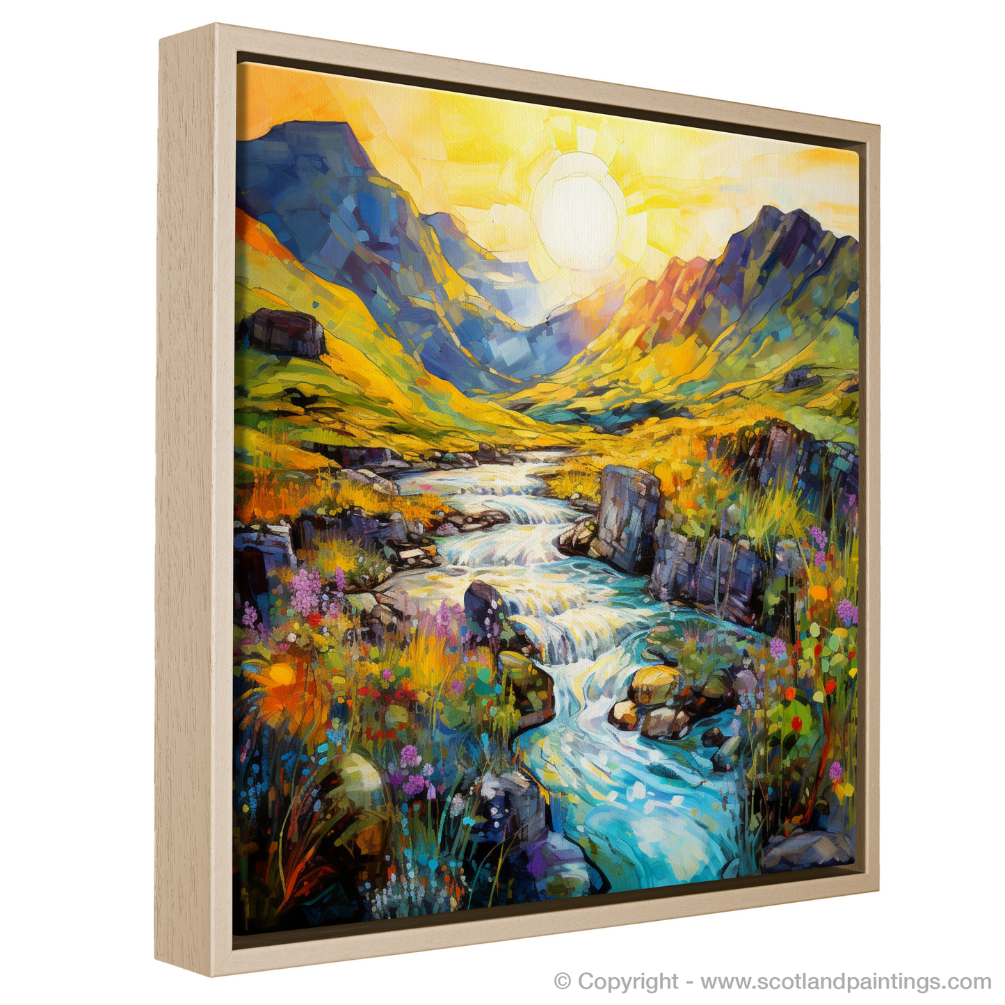 Painting and Art Print of Isle of Skye Fairy Pools at golden hour in summer entitled "Golden Hour Enchantment at Isle of Skye Fairy Pools".