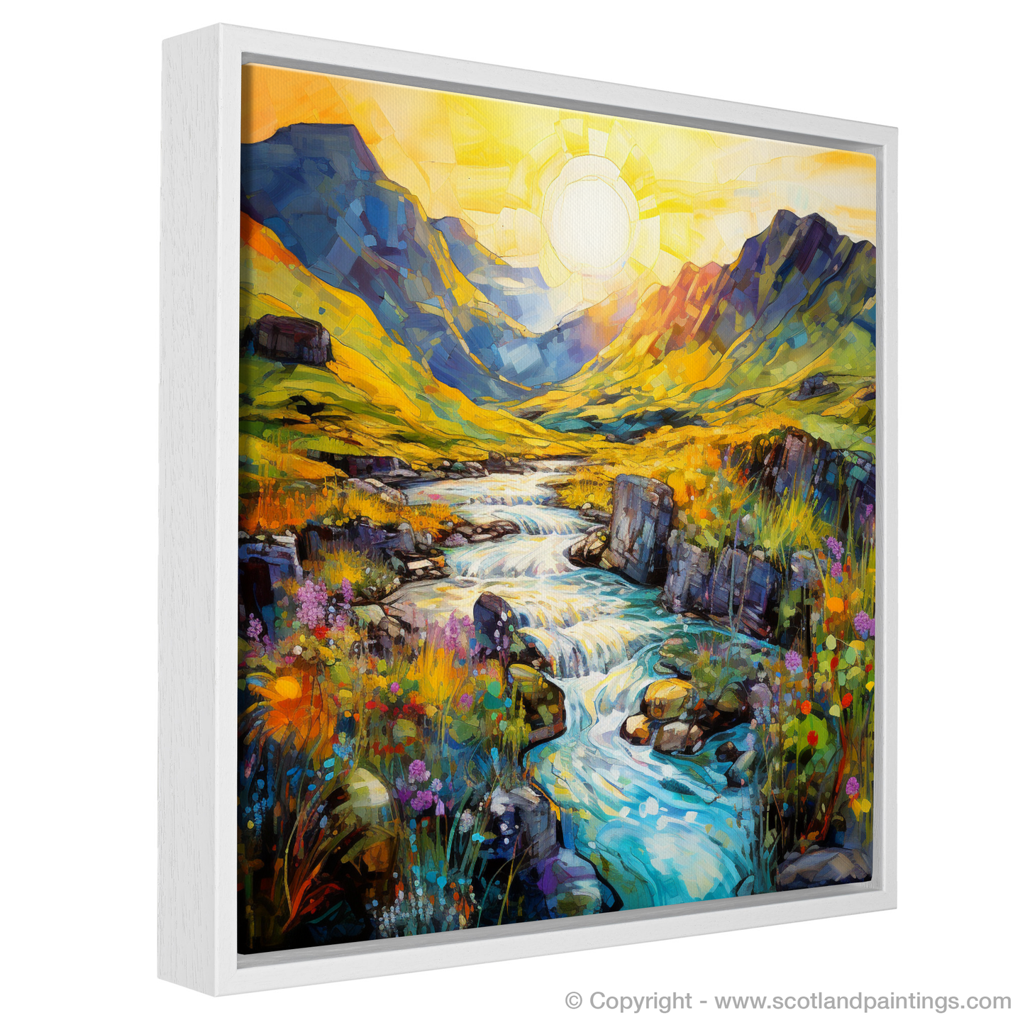 Painting and Art Print of Isle of Skye Fairy Pools at golden hour in summer entitled "Golden Hour Enchantment at Isle of Skye Fairy Pools".