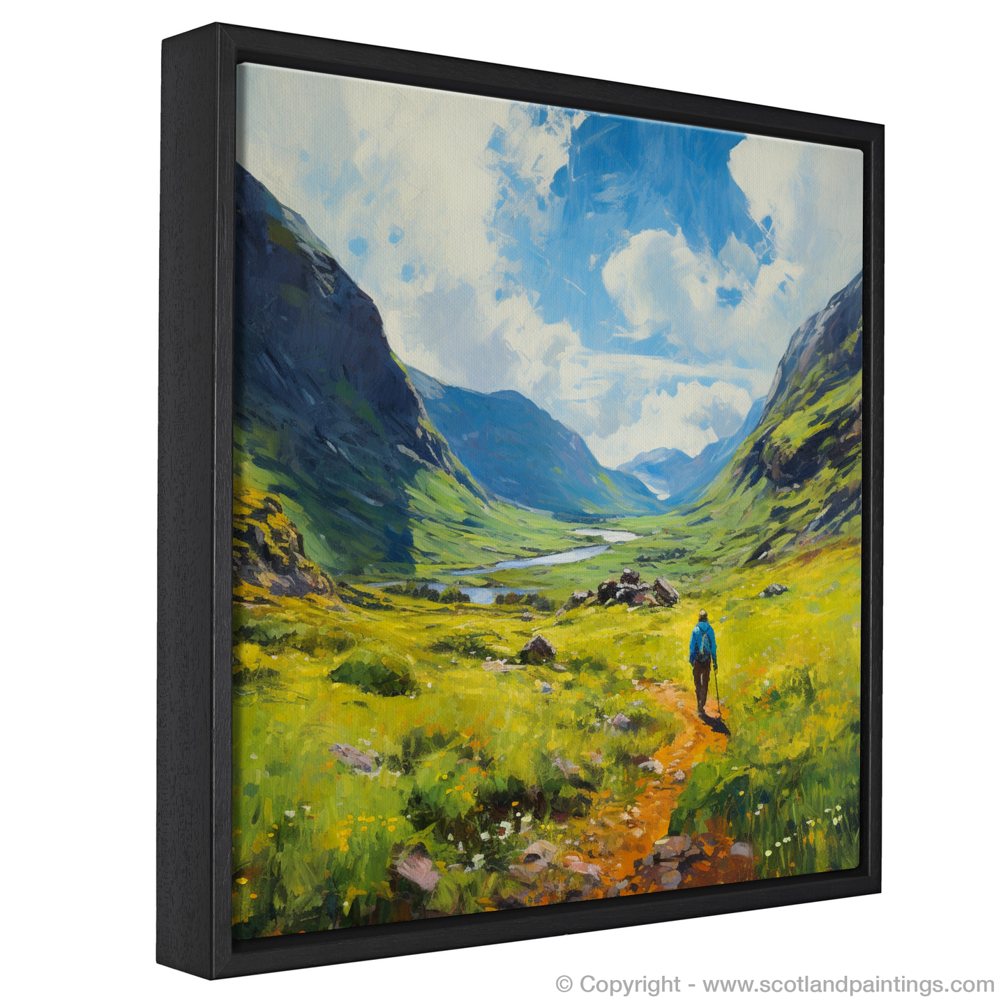 Painting and Art Print of Lone hiker in Glencoe during summer entitled "Summer Wanderer in the Highlands of Glencoe".