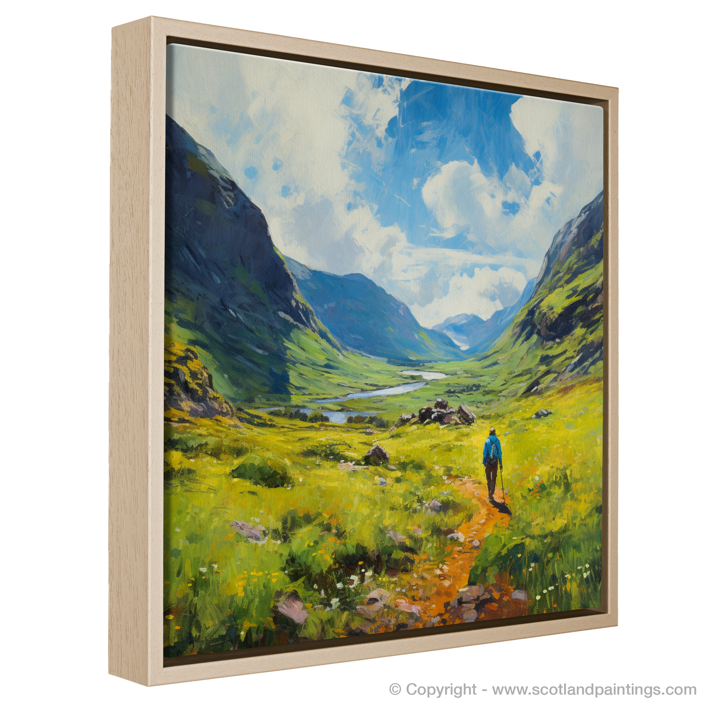 Painting and Art Print of Lone hiker in Glencoe during summer entitled "Summer Wanderer in the Highlands of Glencoe".