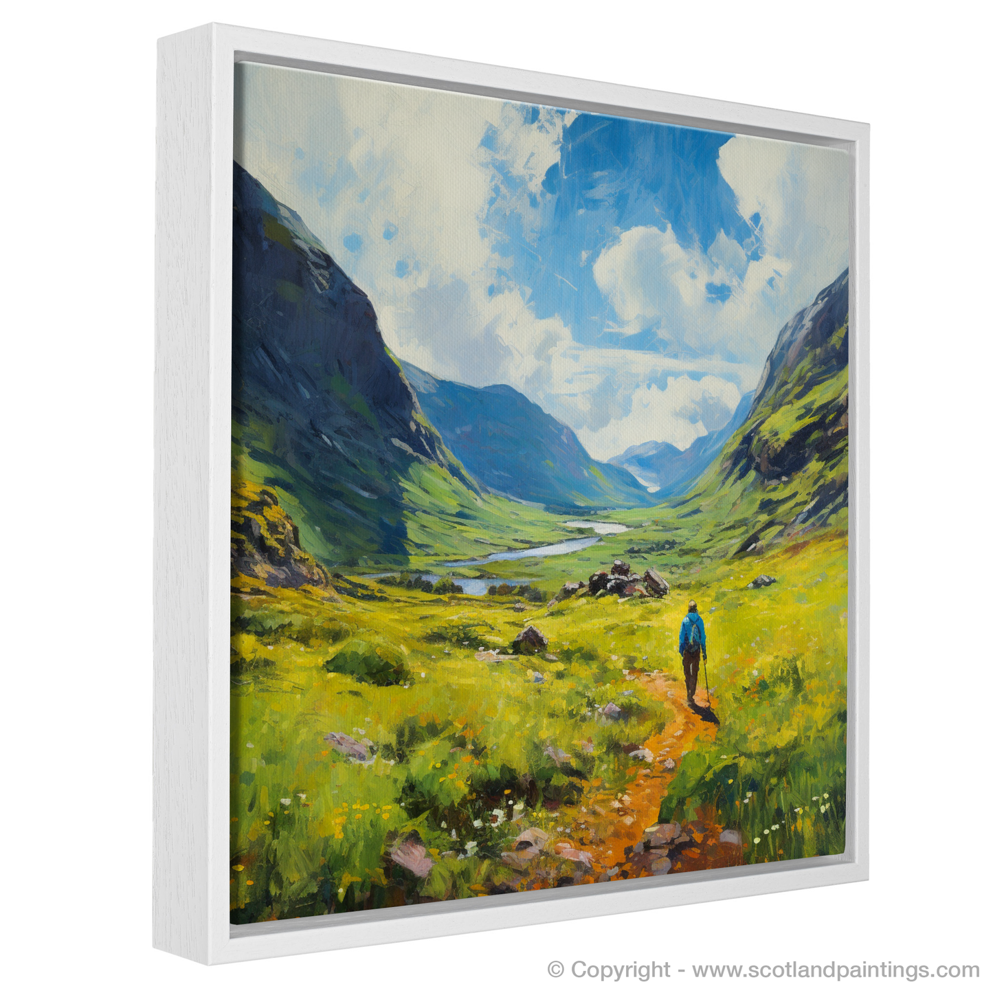 Painting and Art Print of Lone hiker in Glencoe during summer entitled "Summer Wanderer in the Highlands of Glencoe".