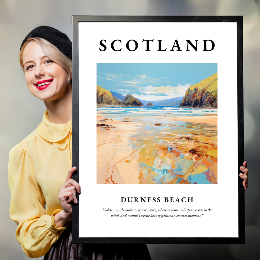 Person holding a poster of Durness Beach