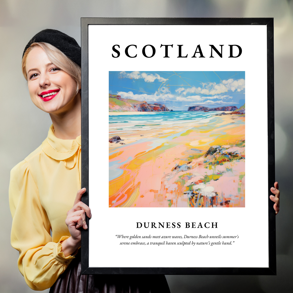 Person holding a poster of Durness Beach