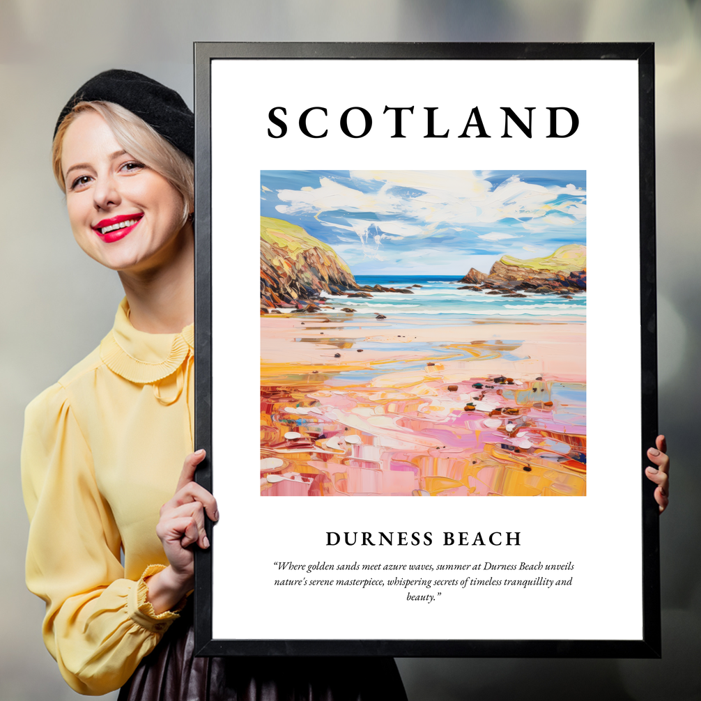 Person holding a poster of Durness Beach