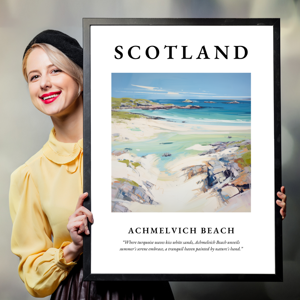 Person holding a poster of Achmelvich Beach