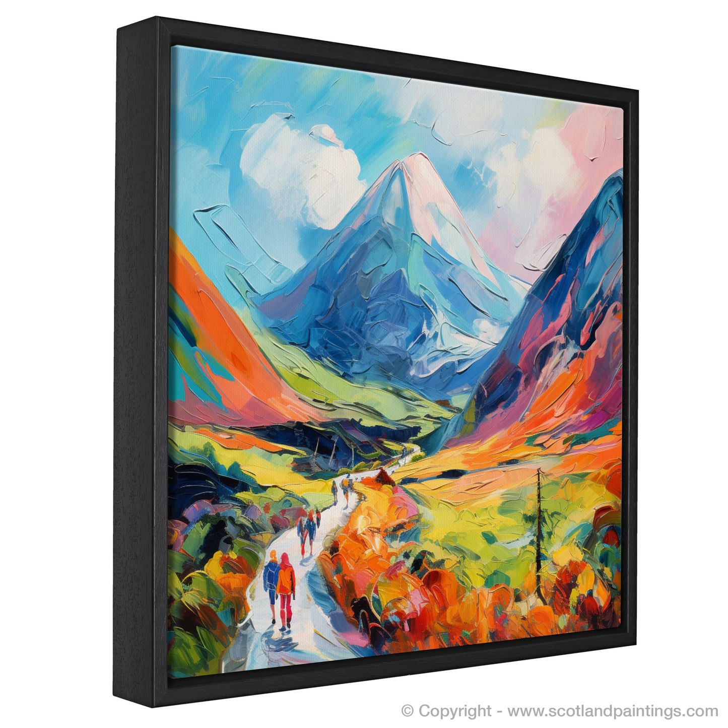 Painting and Art Print of Walkers in Glencoe during summer entitled "Scottish Summer Rhapsody: Walkers in the Vibrant Glens of Glencoe".