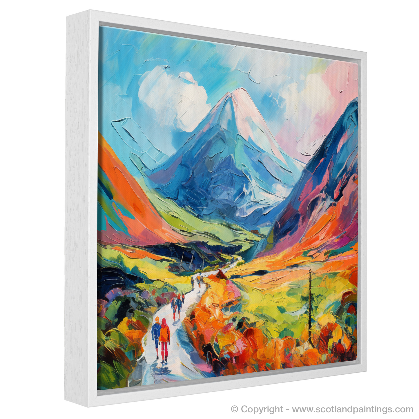 Painting and Art Print of Walkers in Glencoe during summer entitled "Scottish Summer Rhapsody: Walkers in the Vibrant Glens of Glencoe".