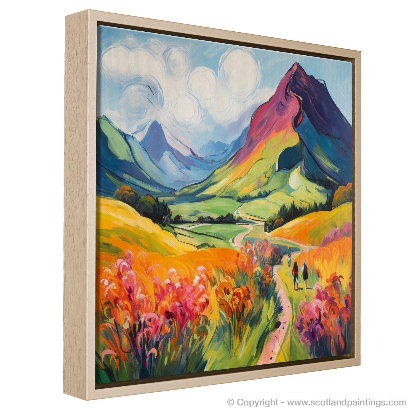 Painting and Art Print of Walkers in Glencoe during summer entitled "Summer Splendour in Glencoe: A Fauvist Ode to the Scottish Highlands".