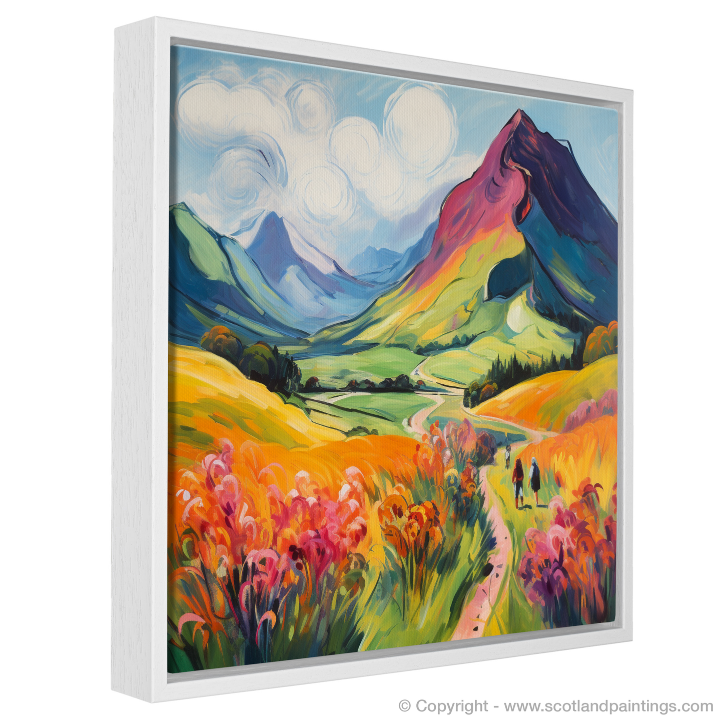 Painting and Art Print of Walkers in Glencoe during summer entitled "Summer Splendour in Glencoe: A Fauvist Ode to the Scottish Highlands".