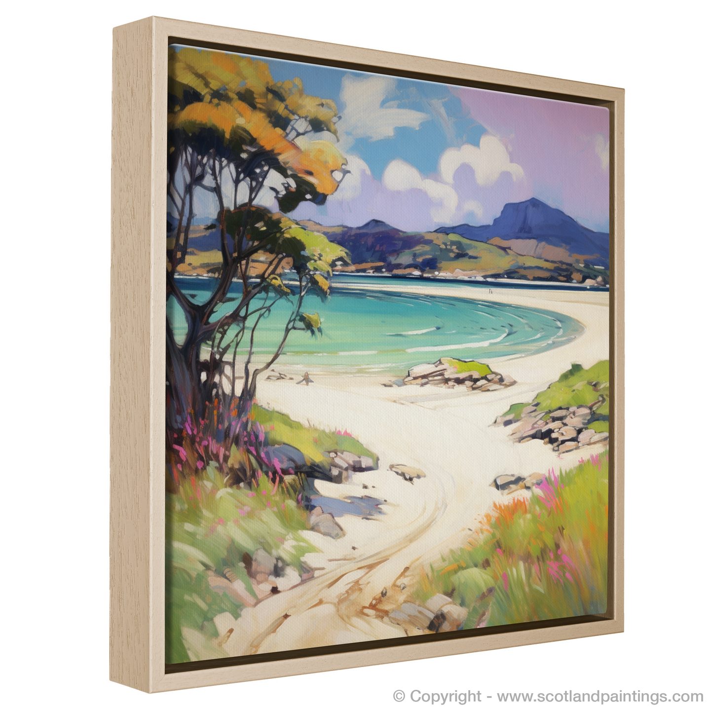 Painting and Art Print of Silver Sands of Morar in summer entitled "Vivid Sands of Morar: A Fauvist Ode to Scottish Summers".