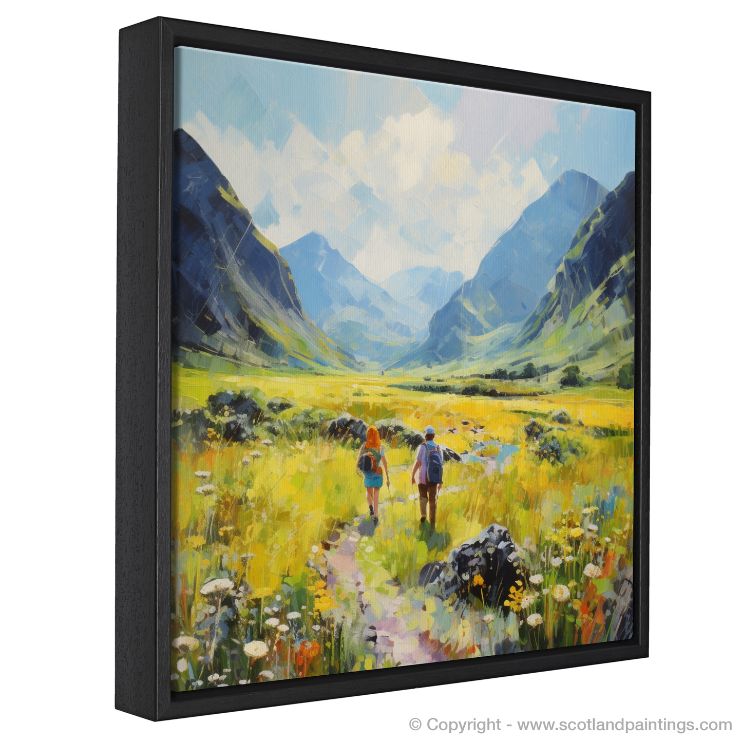 Painting and Art Print of Walkers in Glencoe during summer entitled "Summer Wanderers in the Glens of Scotland".