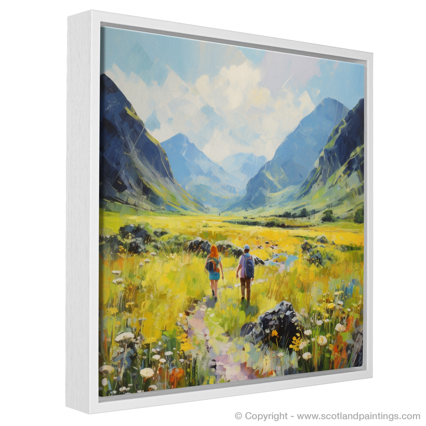 Painting and Art Print of Walkers in Glencoe during summer entitled "Summer Wanderers in the Glens of Scotland".