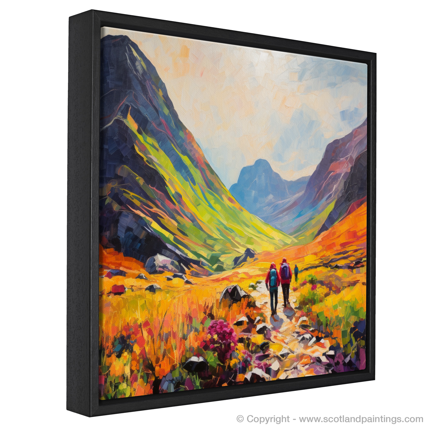 Painting and Art Print of Walkers in Glencoe during summer entitled "Summer Trek through Colorful Glencoe".