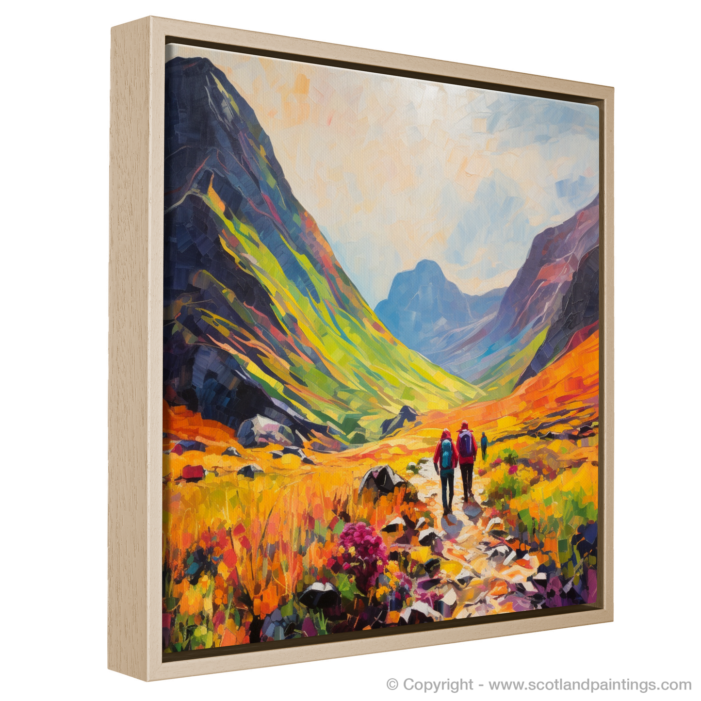 Painting and Art Print of Walkers in Glencoe during summer entitled "Summer Trek through Colorful Glencoe".