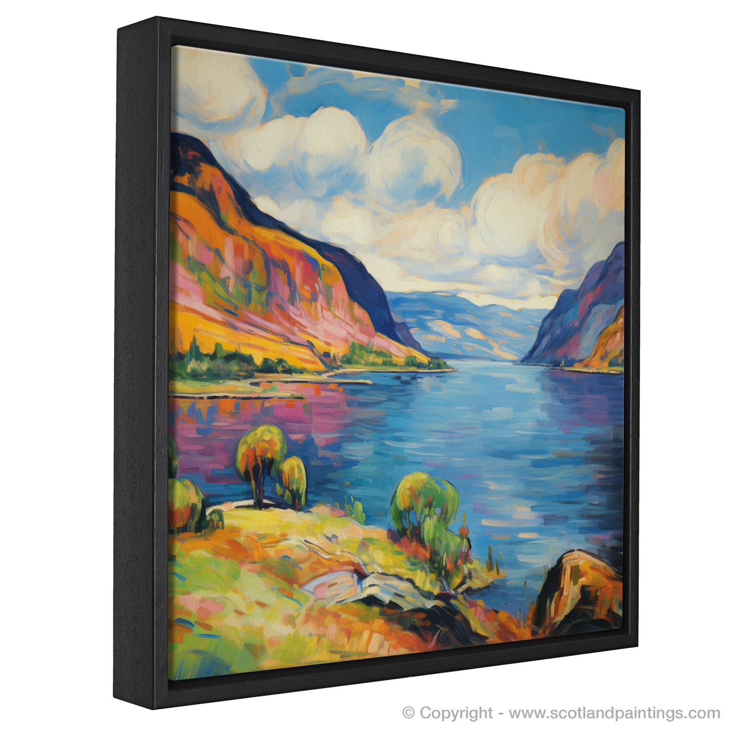 Painting and Art Print of Loch Ness, Highlands in summer. Vibrant Serenity: A Fauvist Ode to Loch Ness in Summer.