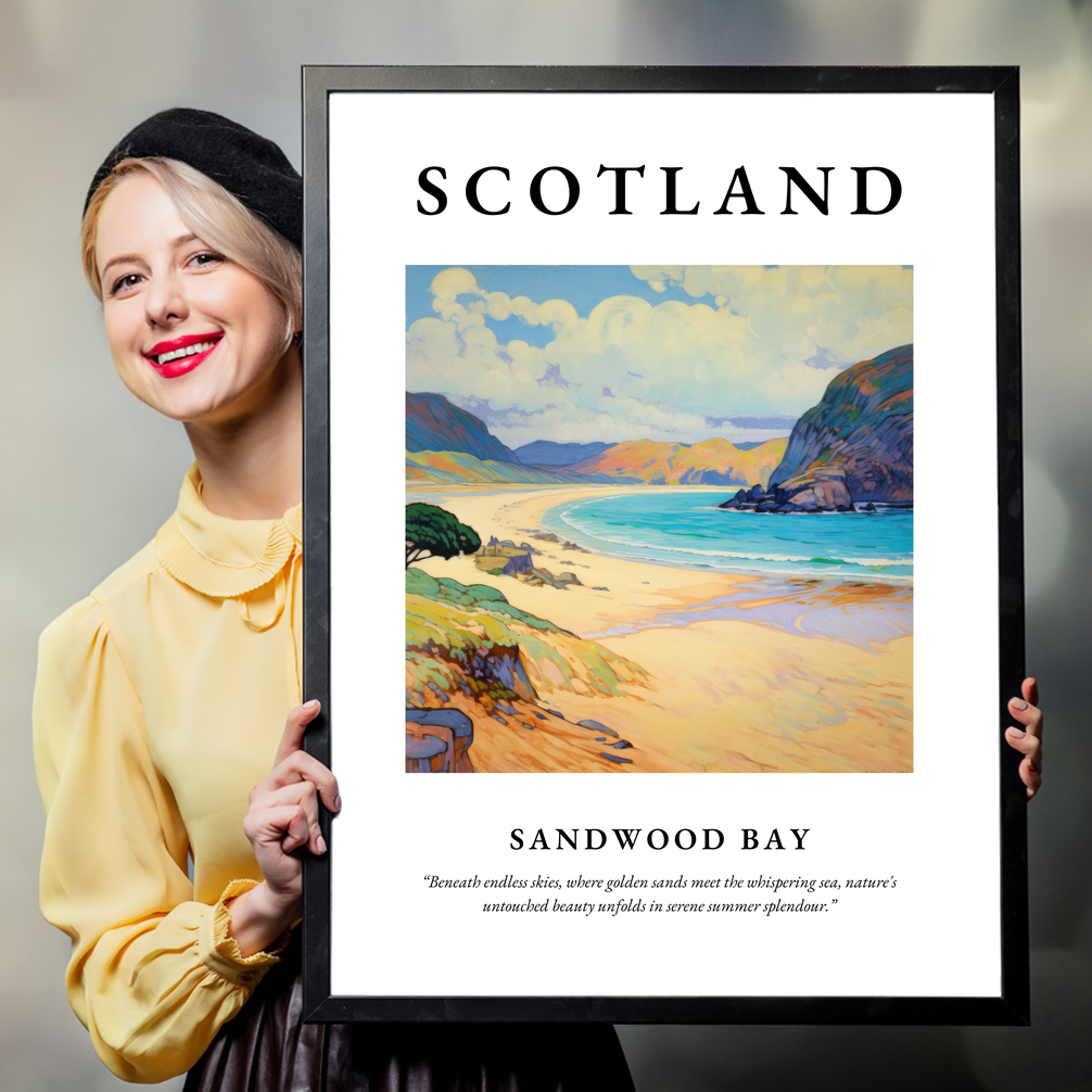 Person holding a poster of Sandwood Bay